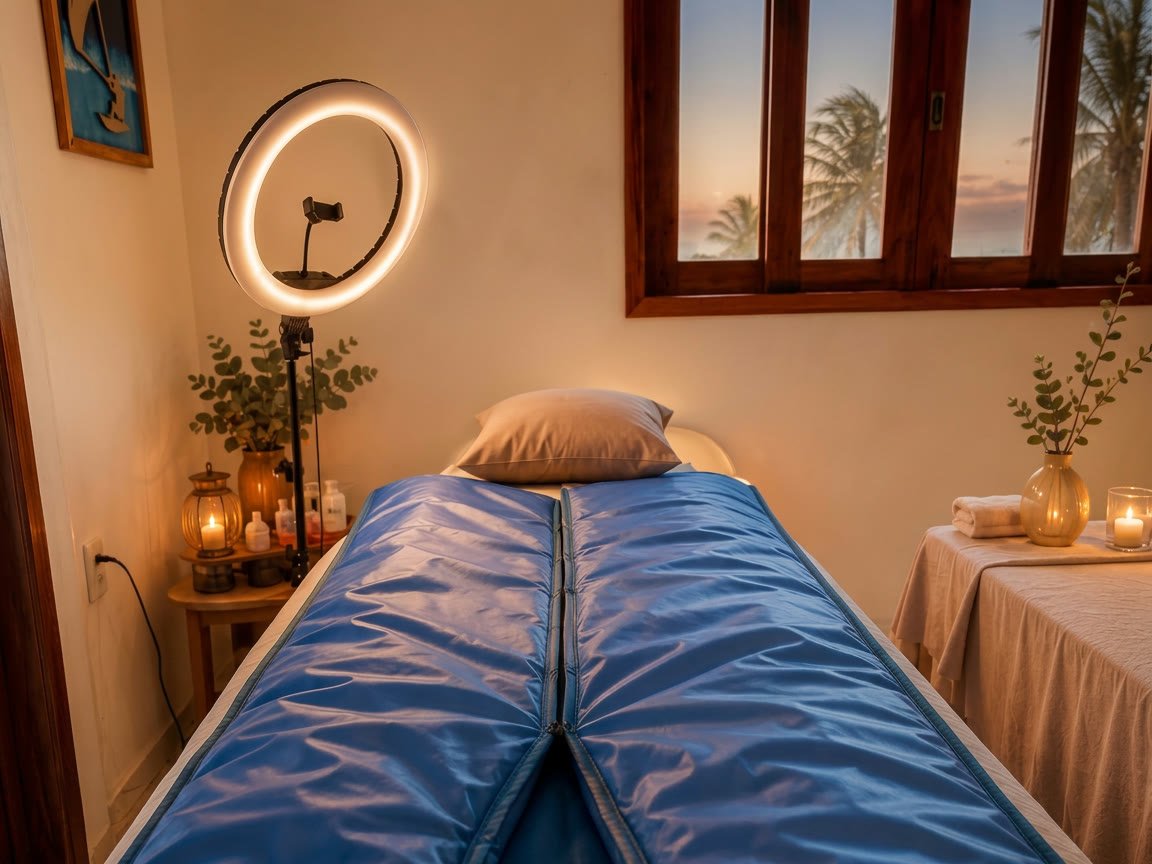 Sala de atendimento da Jackeline em Tatajuba, com manta térmica e luz de velas